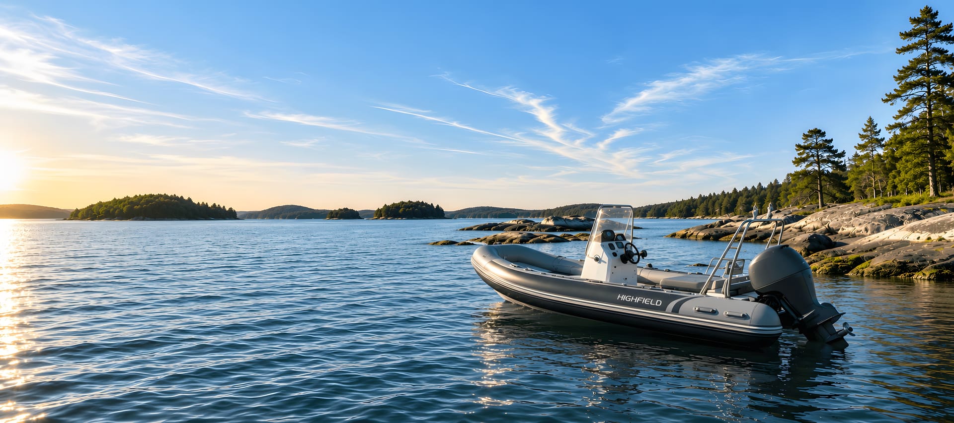 A Highfield boat resting in a calm cove